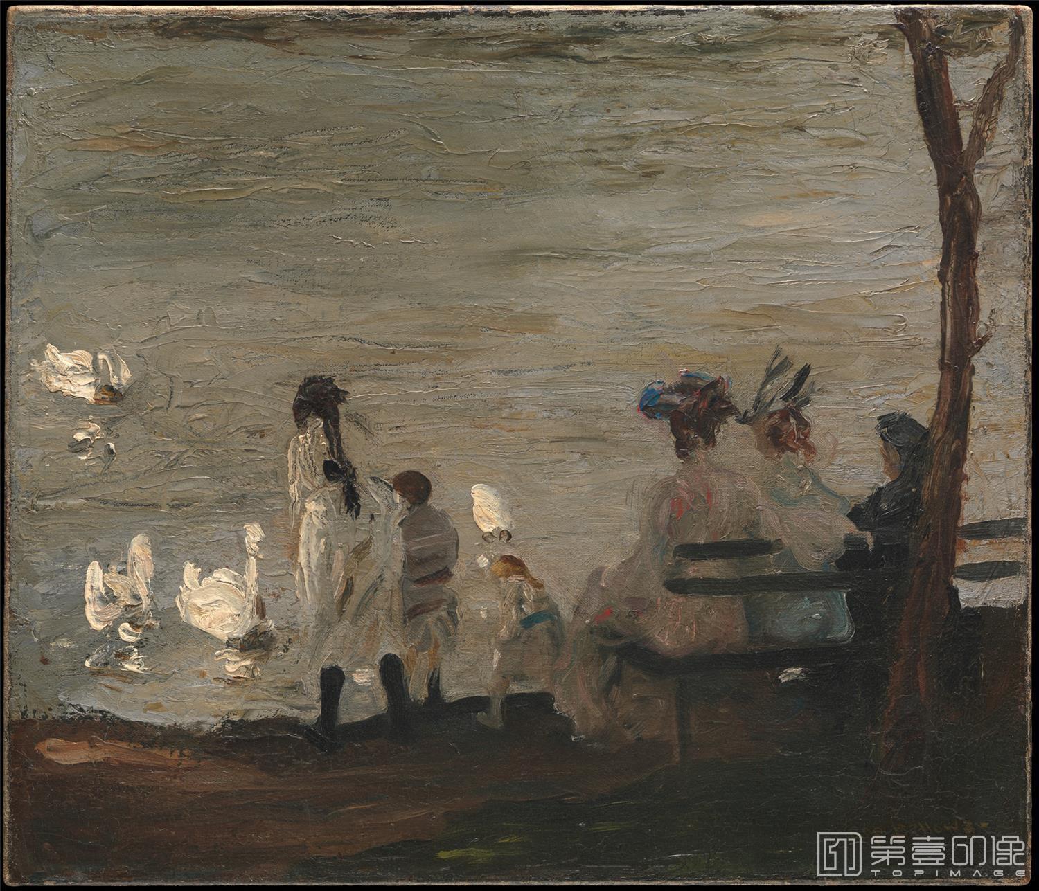 油画-美国纽约大都会美术馆油画藏画-George BellowsSwans in Central Park-0839